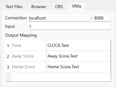 The vMix settings with host, port 8088, input and the field mapping (ScoreSight 0.1.x showed them on a VMix tab)