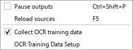 The Tools menu with Collect OCR training data and OCR Training Data Setup