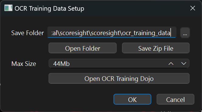 The OCR Training Data Setup dialog