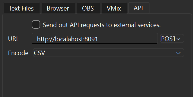 The outbound API settings (ScoreSight 0.1.x showed them on an API tab)