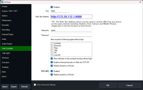 vMix Settings > Web Controller with the Web Controller enabled on port 8088